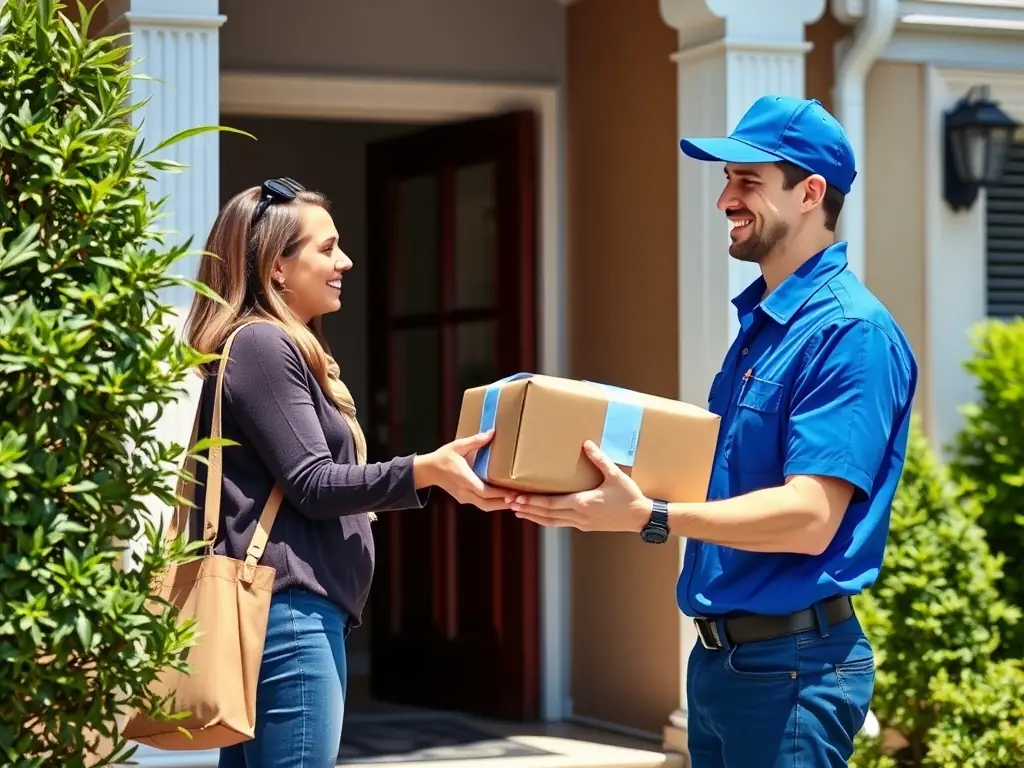 Zdjęcie kuriera dostarczającego paczkę w centrum Warszawy, z widocznym logo Paczka Express 24 na samochodzie.