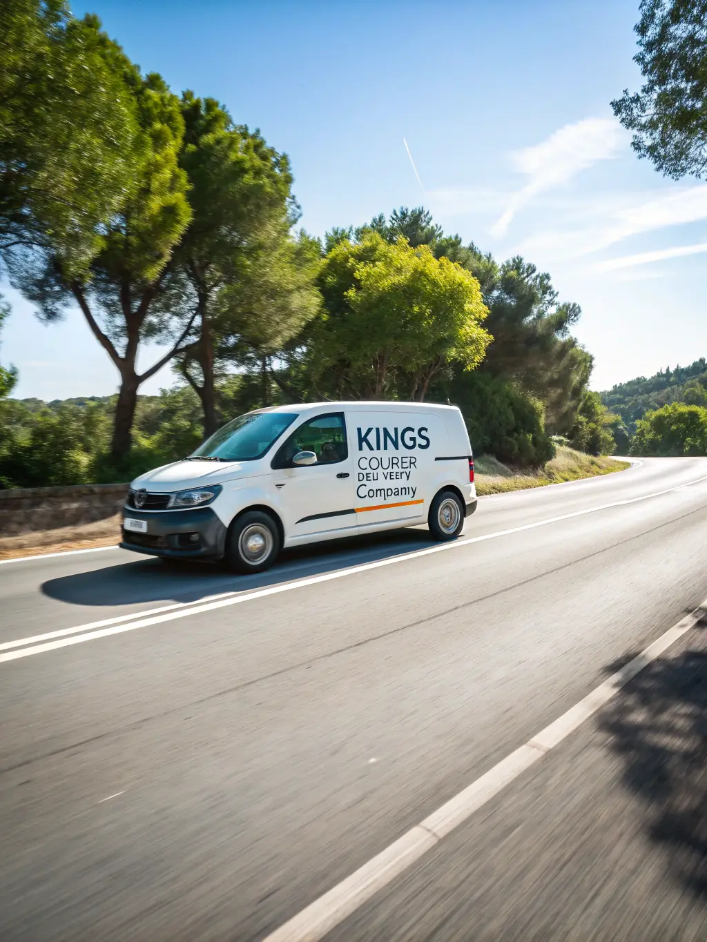 A high-quality photo of a Paczka Express 24 courier van speeding through the streets of Warsaw, showcasing the speed and efficiency of the delivery service. The van should be clearly branded with the Paczka Express 24 logo.