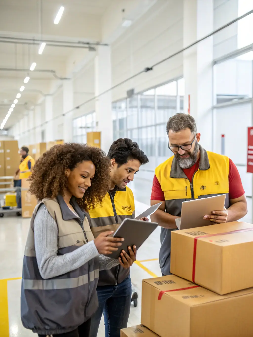 A photo showcasing a diverse team of Paczka Express 24 employees working together efficiently in a modern logistics facility, emphasizing the company's commitment to teamwork and professionalism.