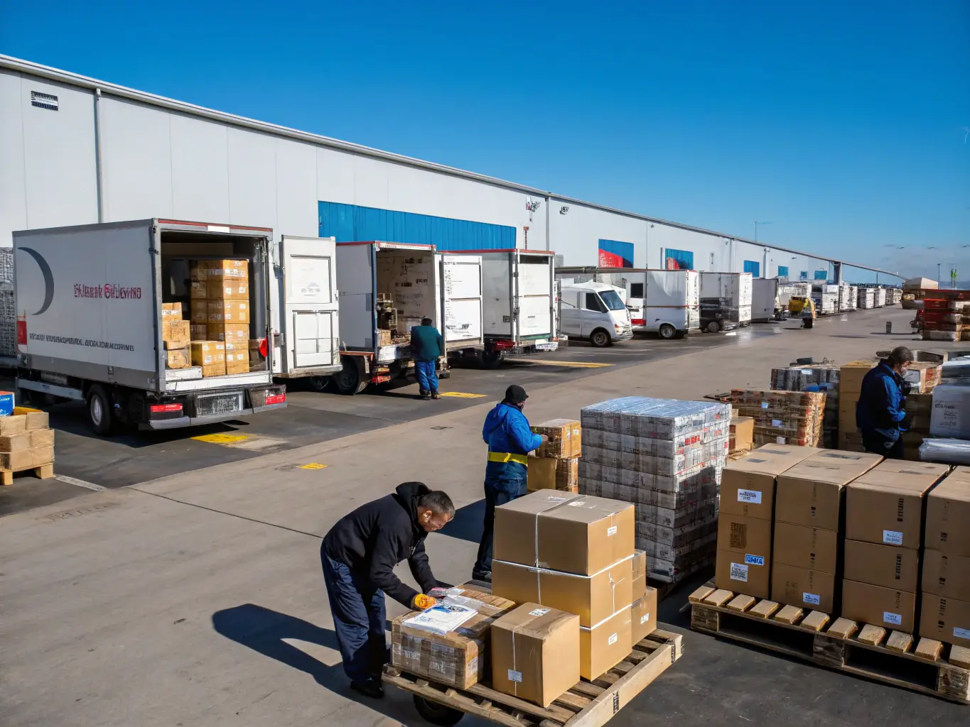 Zdjęcie kuriera odbierającego paczkę od sprzedawcy z magazynu sklepu internetowego.