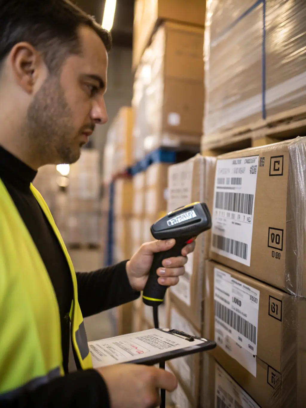 A close-up shot of a package being scanned with a handheld device, highlighting the advanced tracking technology used by Paczka Express 24 to ensure transparency and security.